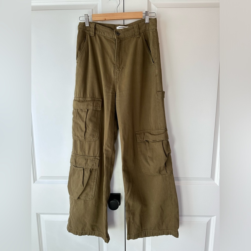 Reformation Women’s Landy Wide Leg Organic Cotton Cargo Jeans Dark Olive Sz 27